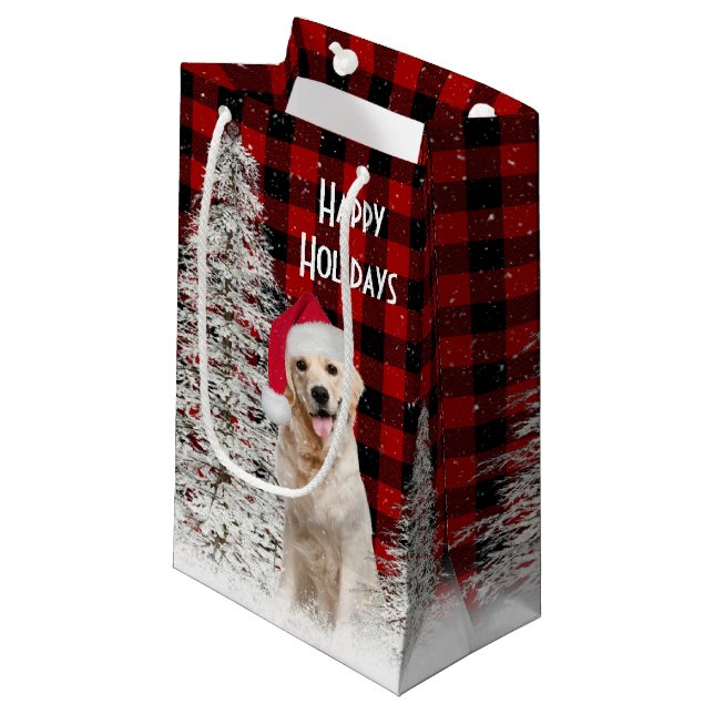 Christmas Golden Retriever On Plaid  Small Gift Bag (Front Angled)