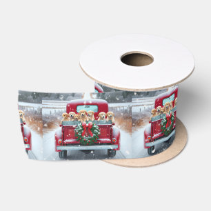 Christmas Golden Retriever Puppies In Retro Truck Satin Ribbon