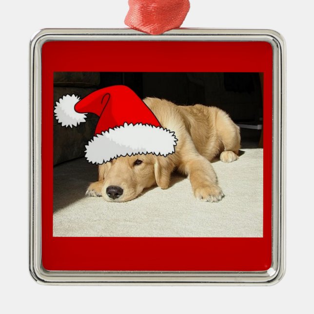 Christmas Golden Retriever Puppy Metal Ornament (Front)