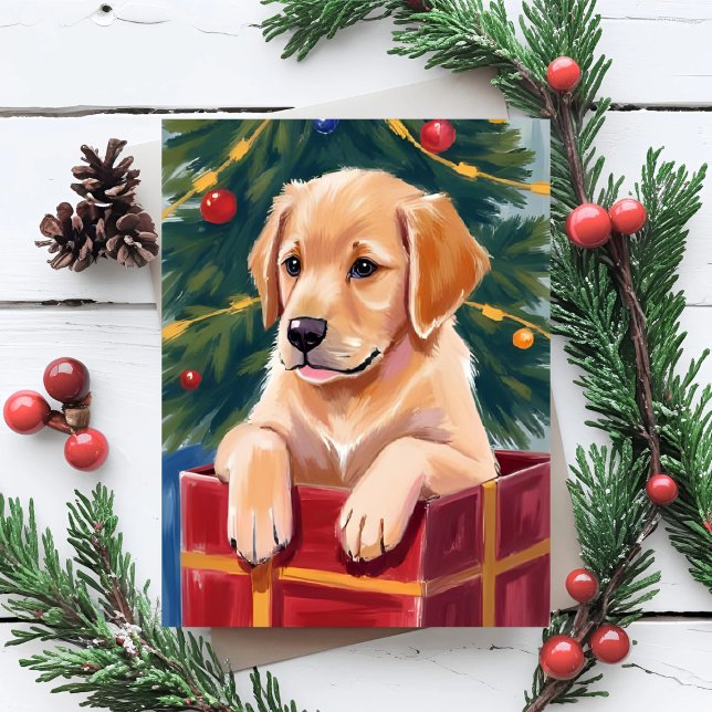 Christmas Golden Retriever Puppy Present Holiday Postcard (Creator Uploaded)