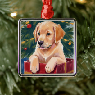 Christmas Golden Retriever Puppy Present Metal Ornament