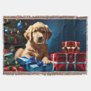 CHRISTMAS GOLDEN RETRIEVER PUPPY THROW BLANKET