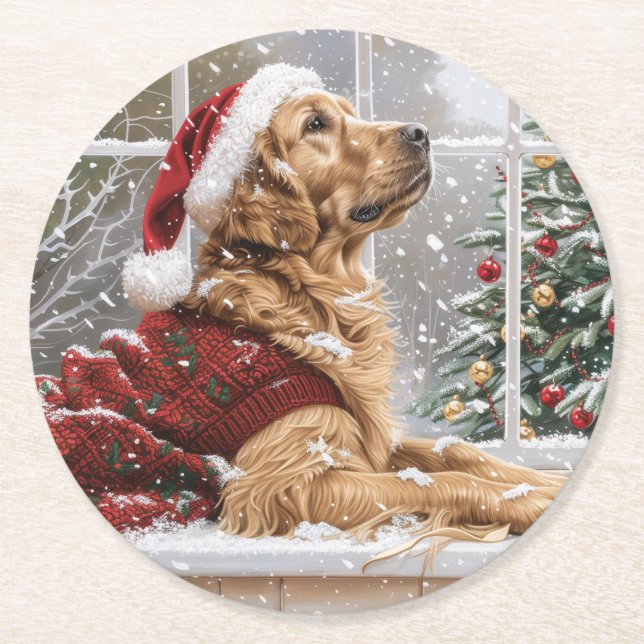 Christmas Golden Retriever Santa Dog Round Paper Coaster (Front)