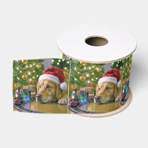 Christmas Golden Retriever Watching a Toy Train Grosgrain Ribbon