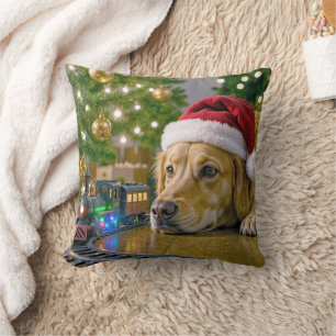 Christmas Golden Retriever Watching a Toy Train Throw Pillow