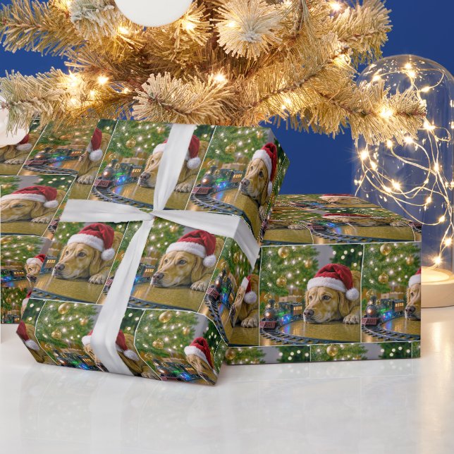 Christmas Golden Retriever Watching a Toy Train Wrapping Paper (Holidays)