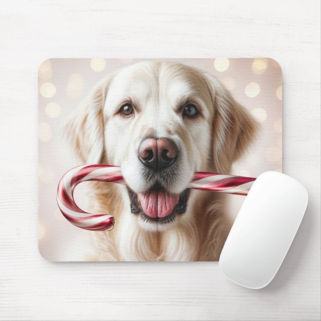 Christmas Golden Retriever With Candy Cane Mouse Pad (With Mouse)