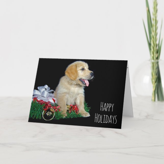 Christmas Golden Retriever with Gift Holiday Card (Front)