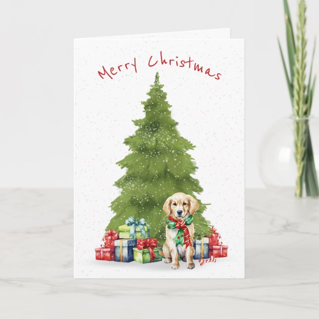 Christmas Golden Retriever With Gifts Holiday Card (Front)