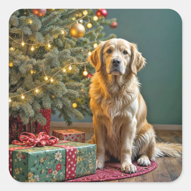 Christmas Golden Retriever With Gifts Square Sticker (Front)