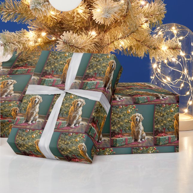 Christmas Golden Retriever With Gifts Under a Tree Wrapping Paper (Holidays)