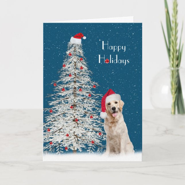 Christmas Golden Retriever with White Tree Holiday Card (Front)
