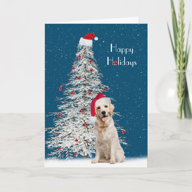 Christmas Golden Retriever with White Tree  Holiday Card (Front)