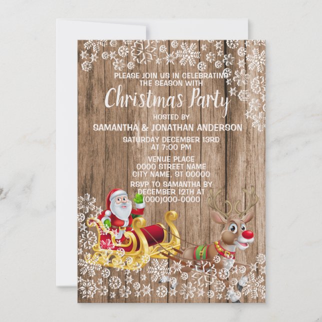 Christmas Golden Santa Sleigh Snow Wood Invitation (Front)