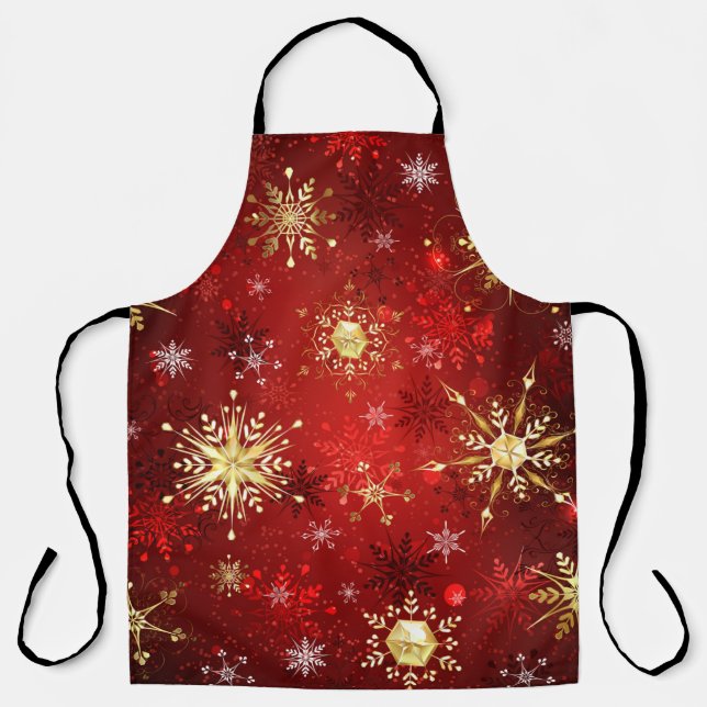 Christmas Golden Snowflakes on Red Background Apron (Front)