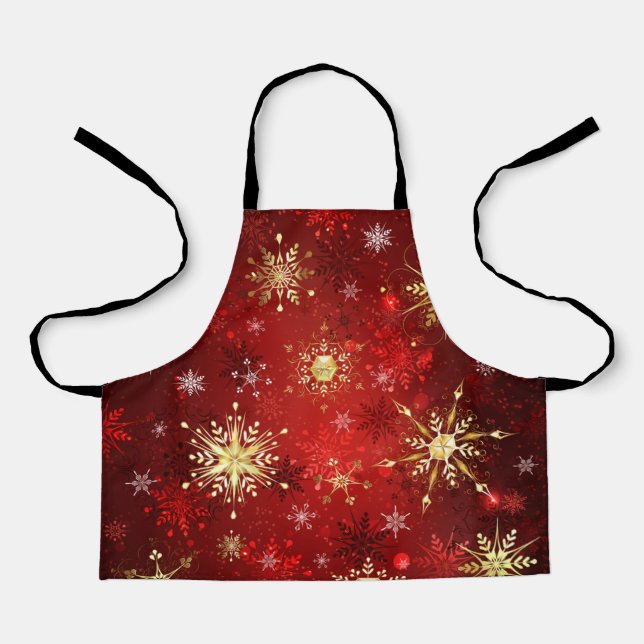 Christmas Golden Snowflakes on Red Background Apron (Front)