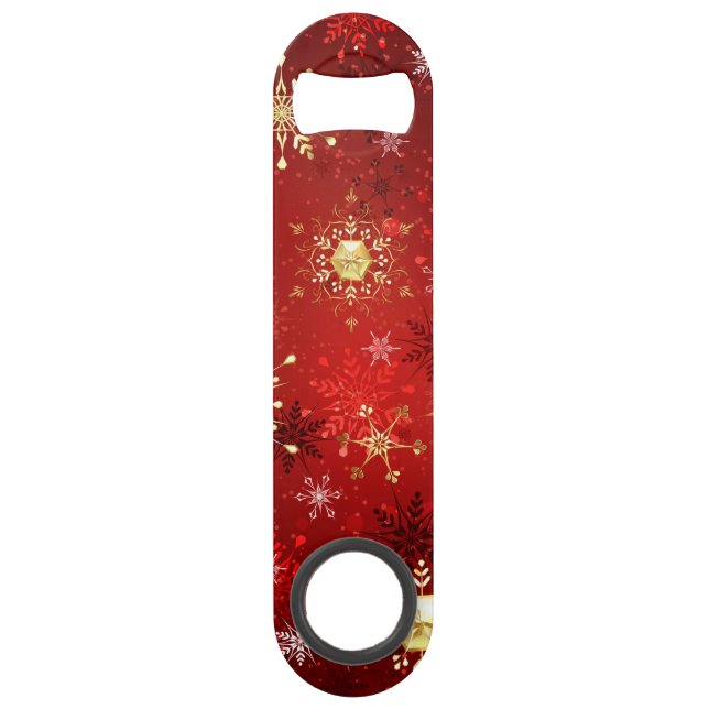 Christmas Golden Snowflakes on Red Background Bar Key (Front)