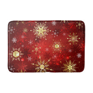 Christmas Golden Snowflakes on Red Background Bath Mat