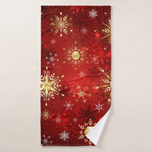 Christmas Golden Snowflakes on Red Background Bath Towel