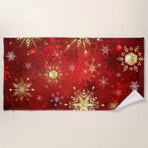 Christmas Golden Snowflakes on Red Background Beach Towel