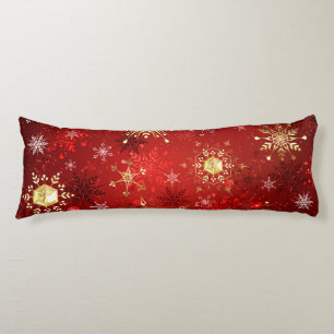 Christmas Golden Snowflakes on Red Background Body Pillow