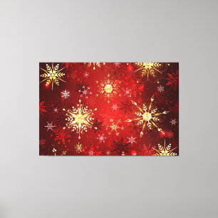 Christmas Golden Snowflakes on Red Background Canvas Print