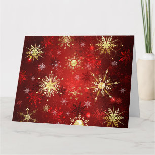 Christmas Golden Snowflakes on Red Background Card
