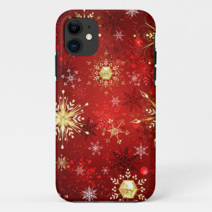 Christmas Golden Snowflakes on Red Background iPhone 11 Case