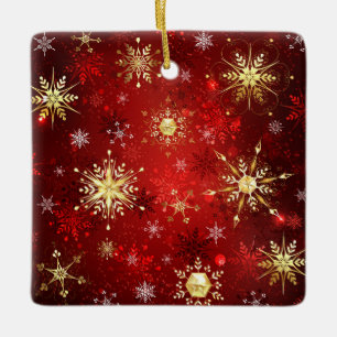 Christmas Golden Snowflakes on Red Background Ceramic Ornament