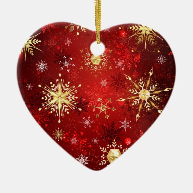 Christmas Golden Snowflakes on Red Background Ceramic Ornament (Front)