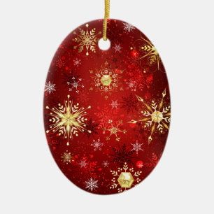 Christmas Golden Snowflakes on Red Background Ceramic Ornament