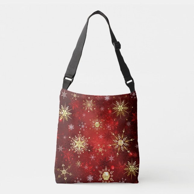 Christmas Golden Snowflakes on Red Background Crossbody Bag (Front)