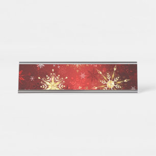 Christmas Golden Snowflakes on Red Background Desk Name Plate