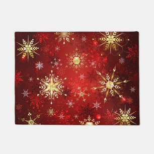 Christmas Golden Snowflakes on Red Background Doormat