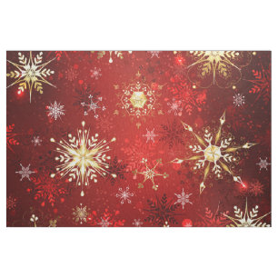 Christmas Golden Snowflakes on Red Background Fabric