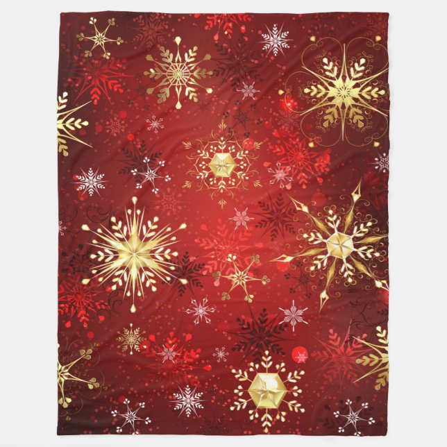 Christmas Golden Snowflakes on Red Background Fleece Blanket (Front)