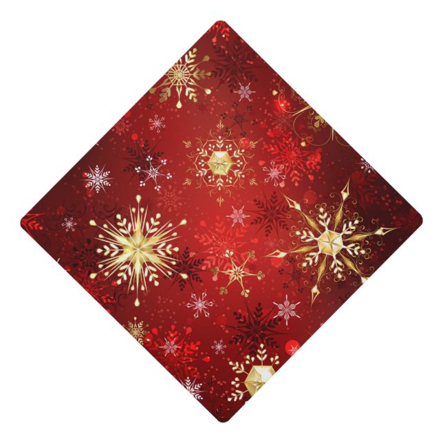 Christmas Golden Snowflakes on Red Background Graduation Cap Topper (Front)
