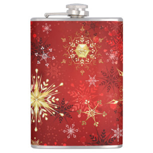 Christmas Golden Snowflakes on Red Background Hip Flask