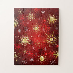 Christmas Golden Snowflakes on Red Background Jigsaw Puzzle