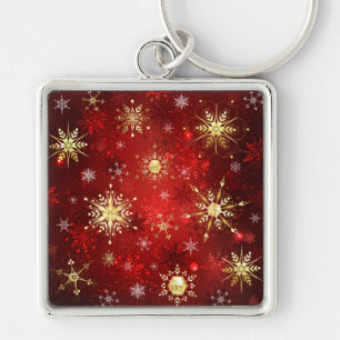 Christmas Golden Snowflakes on Red Background Keychain