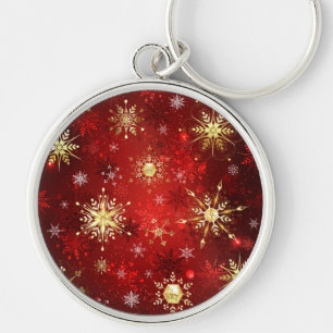Christmas Golden Snowflakes on Red Background Keychain