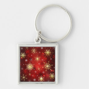 Christmas Golden Snowflakes on Red Background Keychain