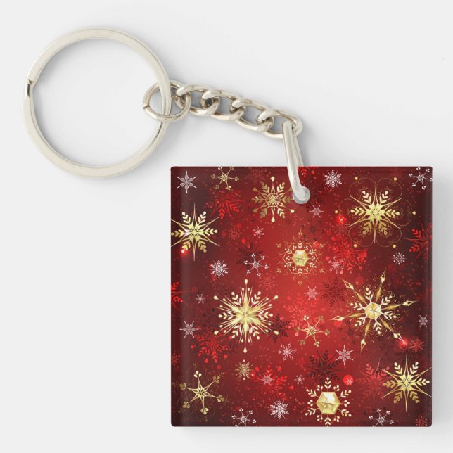 Christmas Golden Snowflakes on Red Background Keychain (Front)