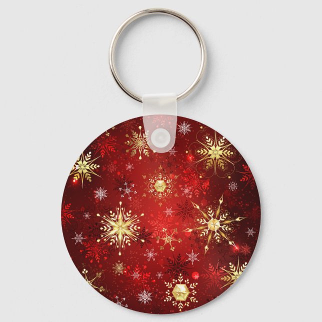 Christmas Golden Snowflakes on Red Background Keychain (Front)