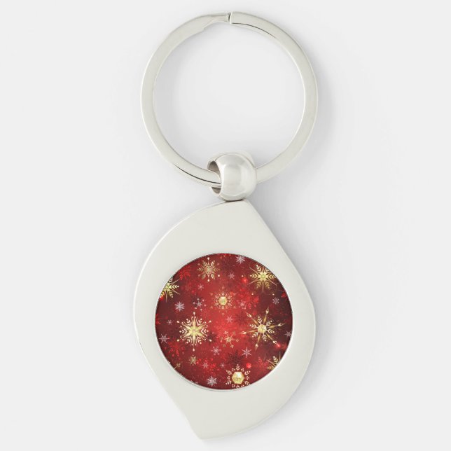 Christmas Golden Snowflakes on Red Background Keychain (Front)