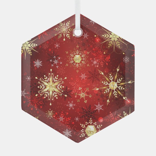 Christmas Golden Snowflakes on Red Background Labe Glass Ornament (Front)
