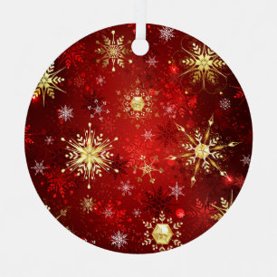 Christmas Golden Snowflakes on Red Background Labe Metal Ornament