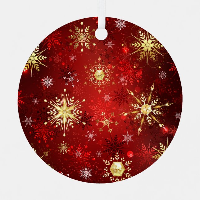 Christmas Golden Snowflakes on Red Background Labe Metal Ornament (Front)