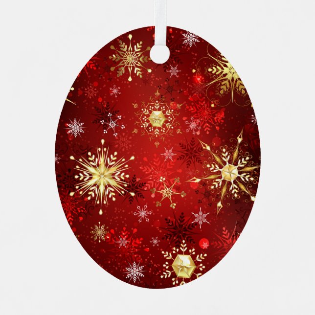 Christmas Golden Snowflakes on Red Background Labe Metal Ornament (Front)