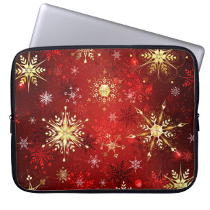 Christmas Golden Snowflakes on Red Background Laptop Sleeve